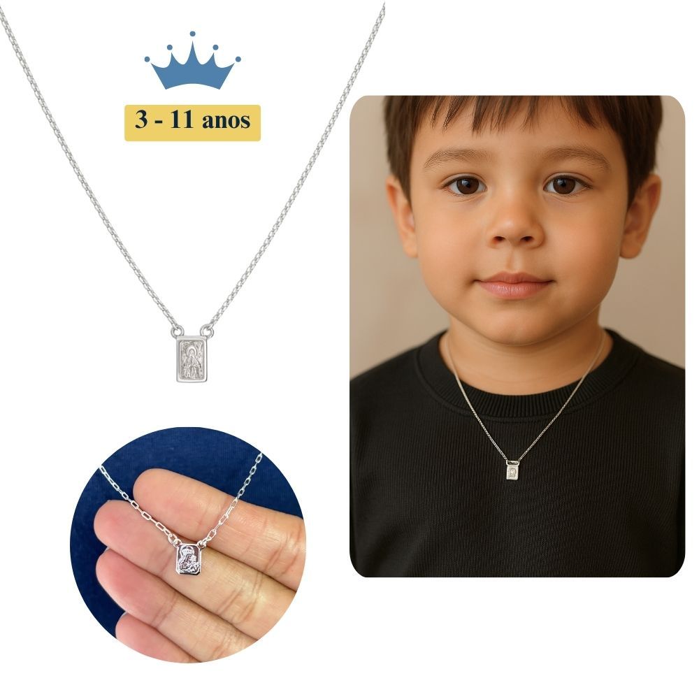 Escapulário Infantil Sagrado Coração de Jesus e Nossa Senhora do Carmo Prata 925