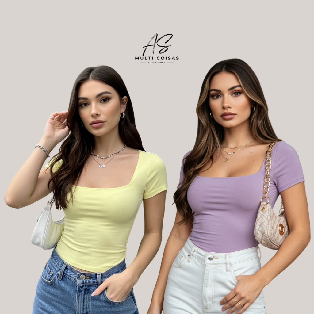 KIT COM 2 BLUSINHAS BABY LOOK BASICAS MANGA CURTA COM DECOTE QUADRADO NOVIDADE VERÃO em Oferta na Shopee