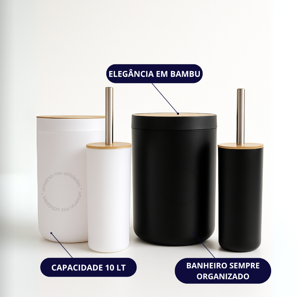 Kit 2 Peças Banheiro Lixeira C/ Tampa Escova Sanitaria Detalhes Em Bambu Luxo · foto 2