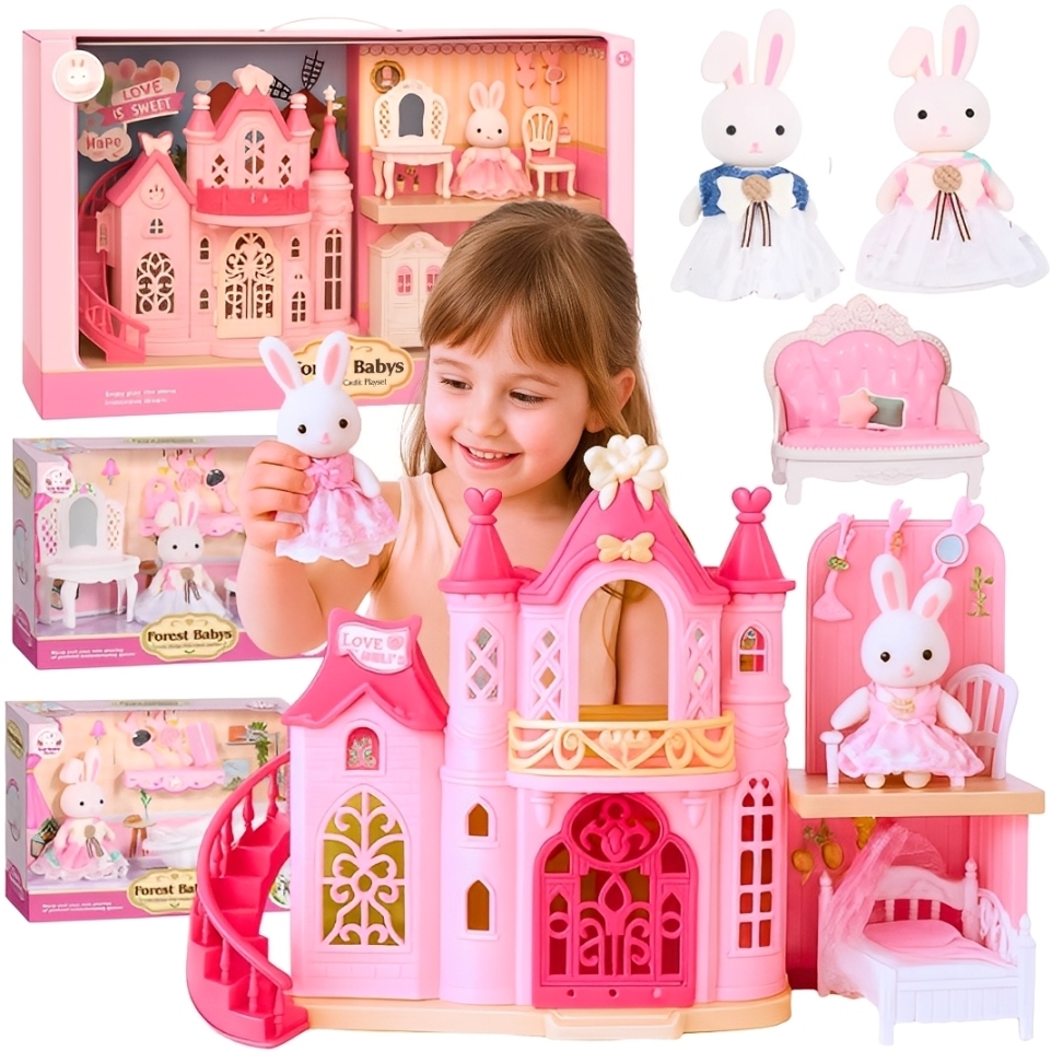 Casinha de Boneca Com Móveis Brinquedo Infantil Castelo Quarto Cozinha Banheira Acessórios Coelhinhas Estilo Sylvanian