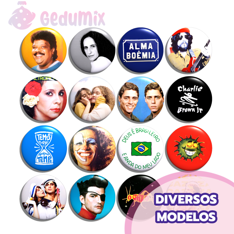 KITs Bottons Broches Música Brasileira Artistas Rita Lee Chico Buarque Jão Mamonas Assassinas Tim Maia Gal Costa MPB