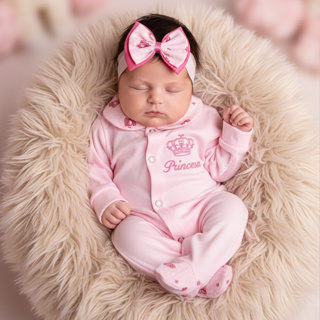 Conjunto Menina 02 Peças Macacão Bordado Princesa Com Faixa De Cabelo Roupa Para Bebê Rosa em Oferta na Shopee