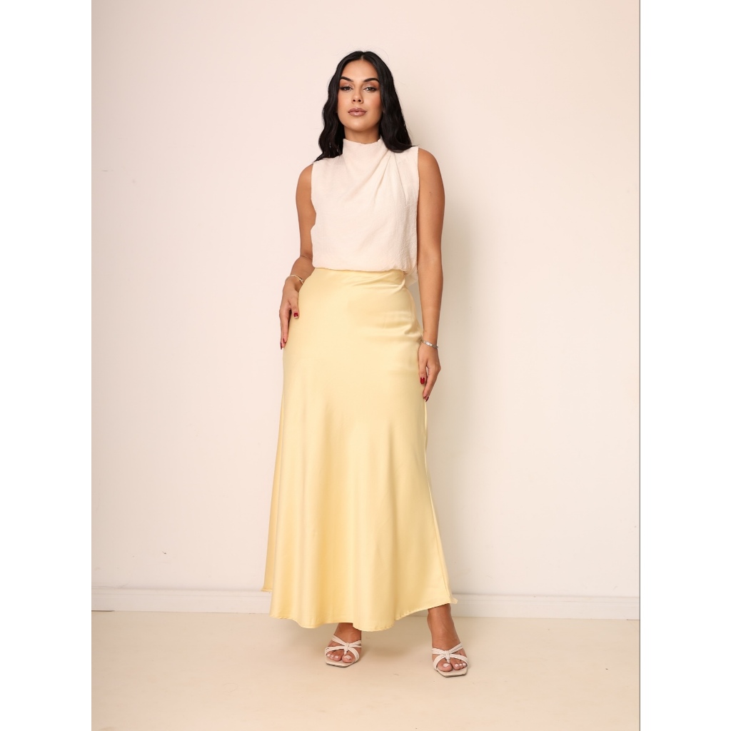 Saia em Cetim Midi com Elástico em Oferta na Shopee