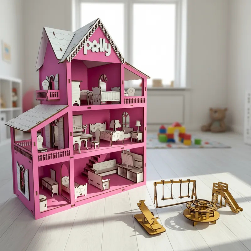 Casa De Boneca Brinquedo Infantil Em Mdf Colorido - Casa + 19 Mini Móveis