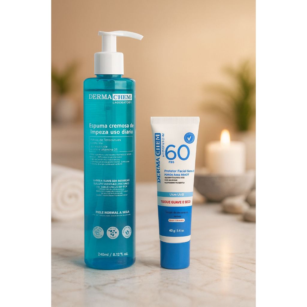 Kit Limpeza e Proteção Dermachem Pele Hidratada Suave Protegida Todos os Dias Cuidados Rosto Corpo