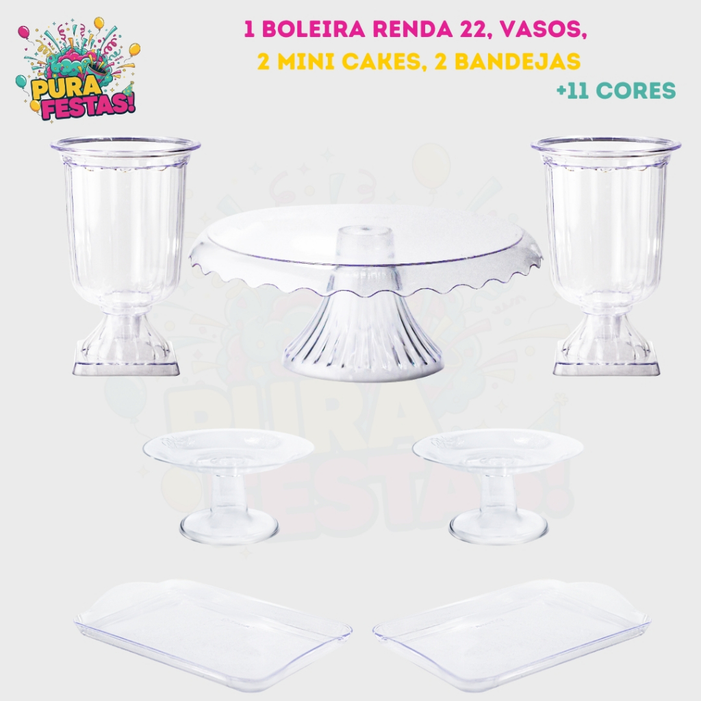 Kit - 1 Boleira Renda 22, 2 Vaso Grego, 2 Mini Cake e 2 Bandejas - Diversas Cores em Oferta na Shopee