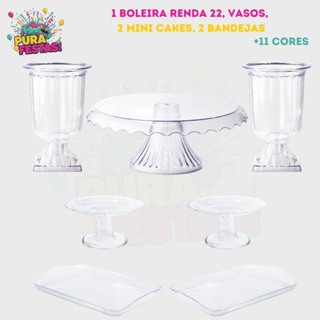 Kit - 1 Boleira Renda 22, 2 Vaso Grego, 2 Mini Cake e 2 Bandejas - Diversas Cores em Oferta na Shopee
