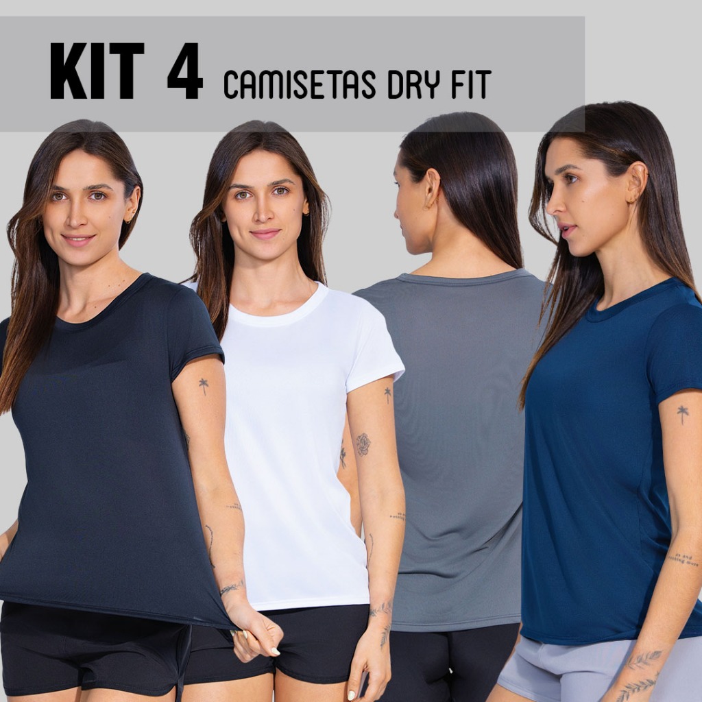 Kit 4 Blusas camiseta Dry Fit Feminina Fitness Academia Corrida Treino Esporte Cross Casual Básica