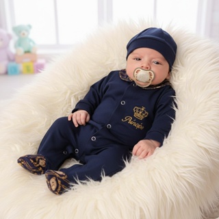 Conjunto Macacão Manga Longa Para Bebê Menino Com Boné Príncipe 02 Peças Azul Marinho em Oferta na Shopee