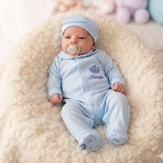 Conjunto Macacão Manga Longa Para Bebê Menino Com Boné Príncipe 02 Peças Azul em Oferta na Shopee