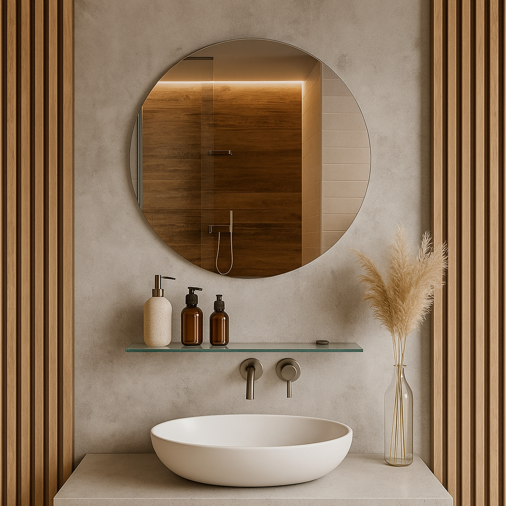 Espelho Banheiro Redondo 40cm + Prateleira de Vidro e Kit Instalação Decoração Sala Lavabo Casa em Oferta na Shopee
