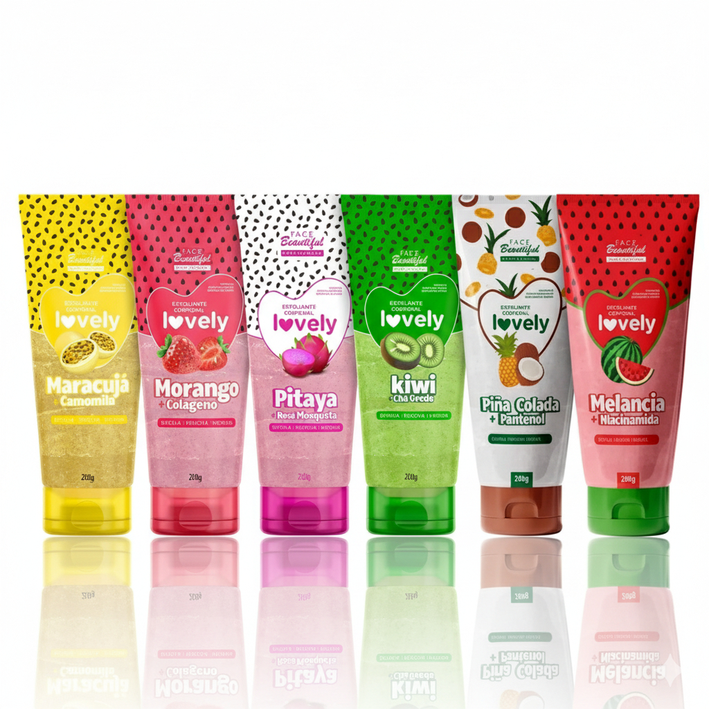 Kit de Esfoliantes Corporais de Frutas em Bisnaga Lovely Face Beautiful 200g – 03, 04 ou 06 Unidades