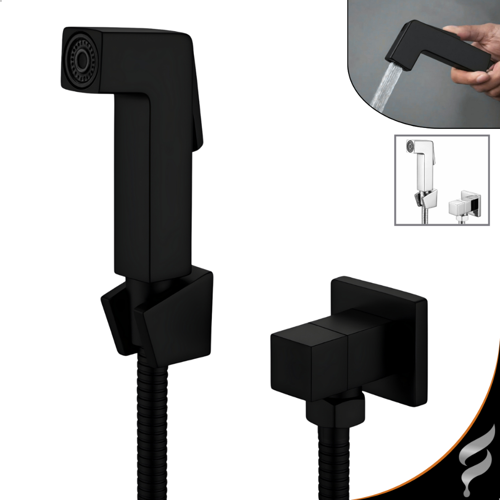 Ducha Higiênica Chuveirinho Metal e ABS Para Banheiro Privada Completa 1/4 De Volta Preta Black Bidê