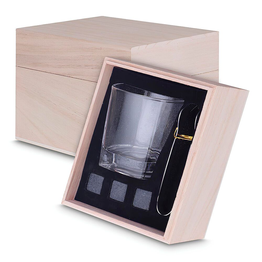 Kit Copo para Whisky + Pegador de Gelo + 3 Cubos de Pedra-sabão e Caixa de Madeira | Presente Elegante