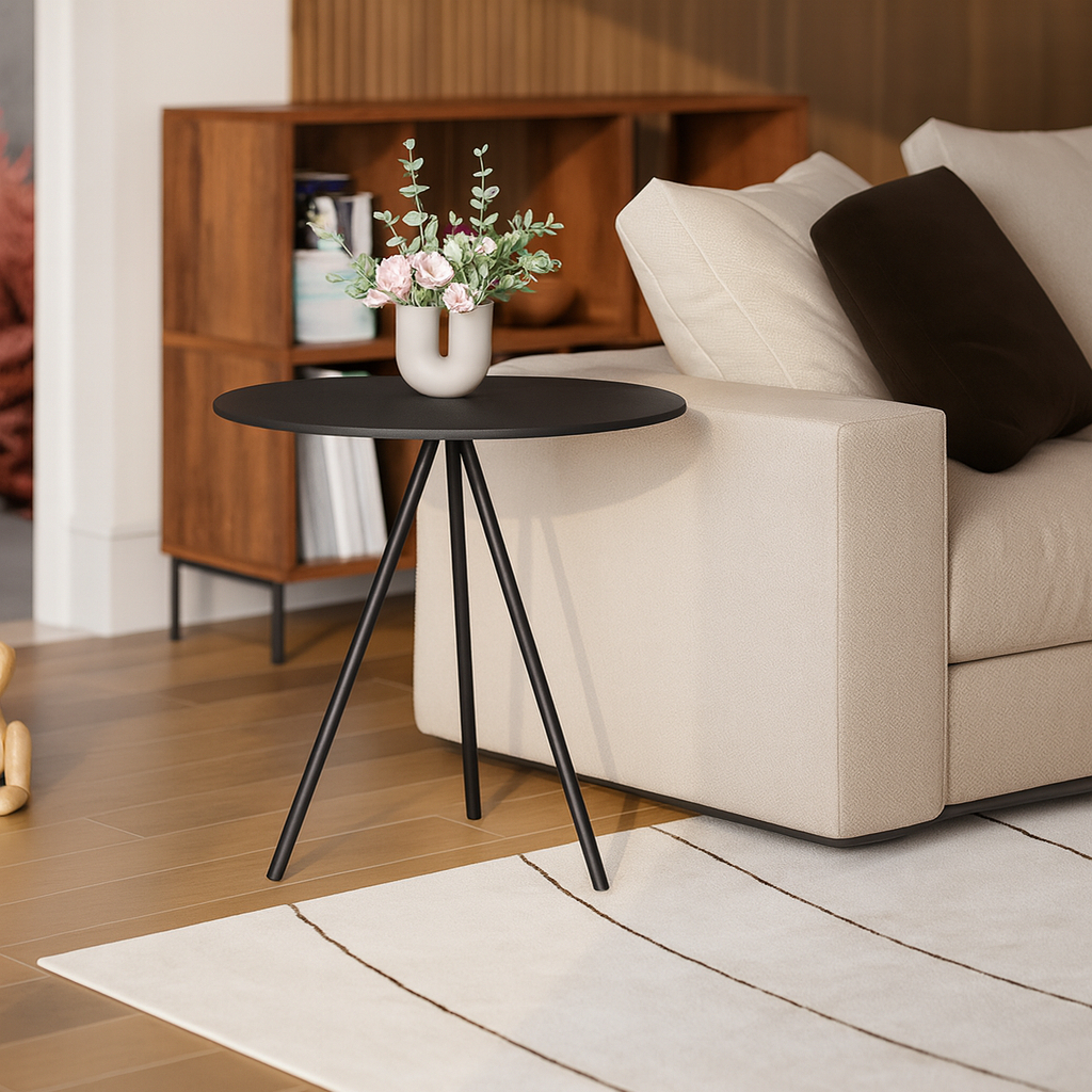 Mesinha Lateral de Canto para Sala Gabriela Base Ferro Tampo Redondo de Madeira Decoração Apoio Sofá em Oferta na Shopee