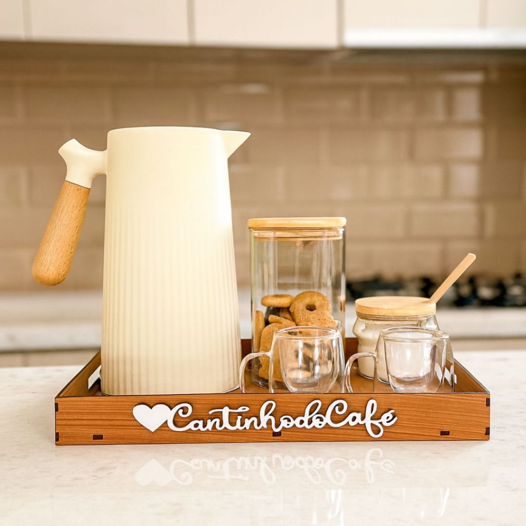 Kit Bandeja Cantinho do Cafe Cha Com Alças + 4 Peças Apliques Quadro Para Decoração Escritório Mdf