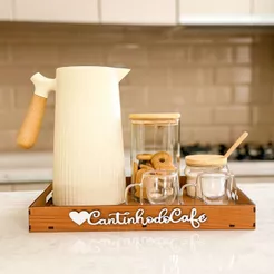 Kit Bandeja Cantinho do Cafe Cha Com Alças + 4 Peças Apliques Quadro Para Decoração Escritório Mdf