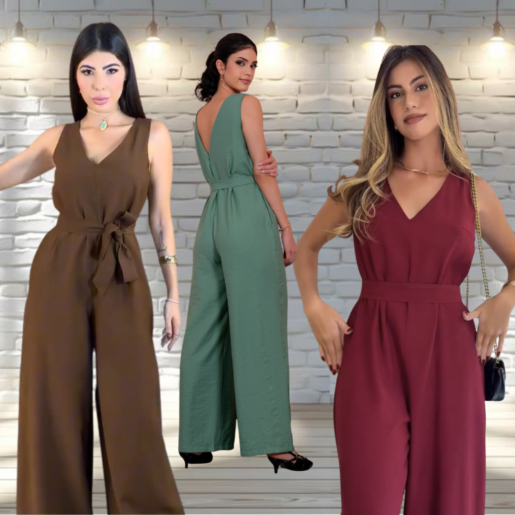 Macacão Longo Feminino com Decote V e Faixa tecido Alfaiataria