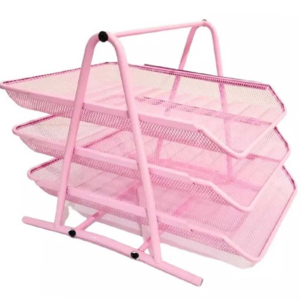 Organizador De Documento Para Mesa Escritório Papel A4 C/ 3 Bandejas Cor Rosa