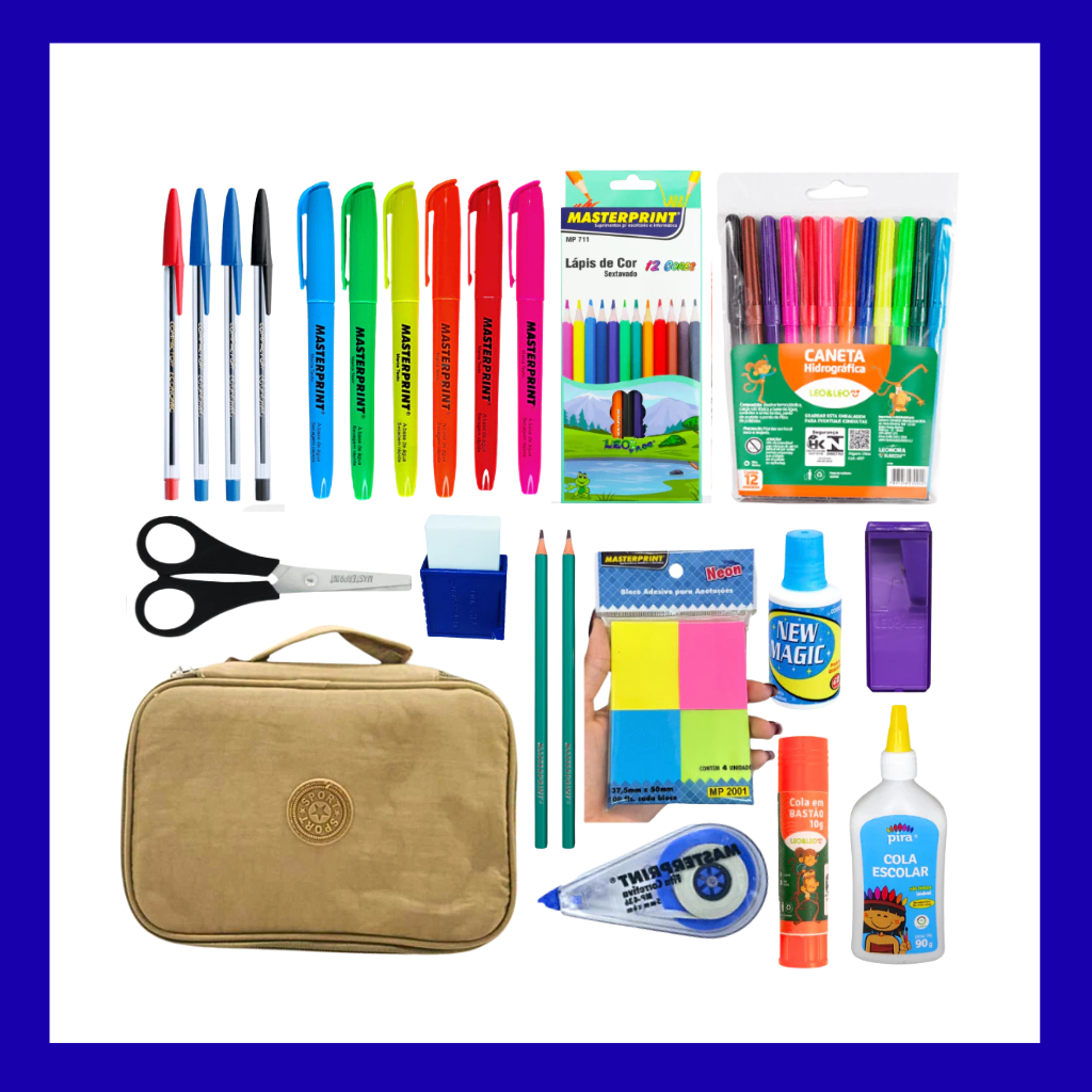 kit 48 Itens Material Escolar Volta aulas ensino fundamental médio Básico caneta lápis marca texto borracha corretivo 47