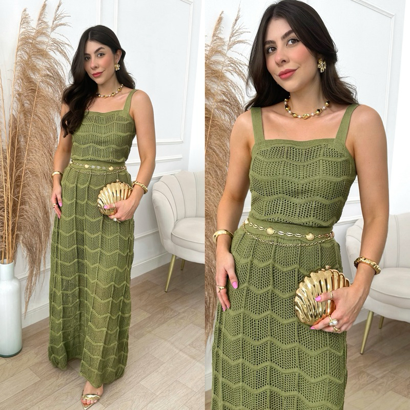 Conjunto Cropped e Saia Longa Feminino Tricot Rendando Moda Verão Natal Réveillon Moda Blogueira