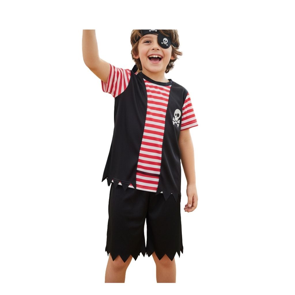 fantasia infantil menino pirata conjunto bermuda camiseta e tapa olho poliéster tamanhos 4 a 10 anos