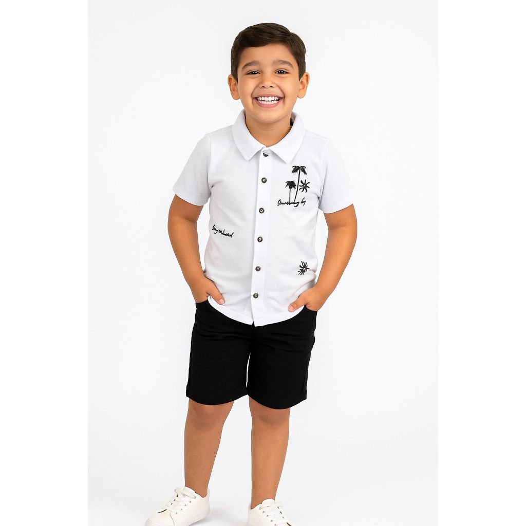 Conjunto Infantil Menino Camisa De Botão + Bermuda Sarja Elastano juvenil masculino 10 a 16Anos