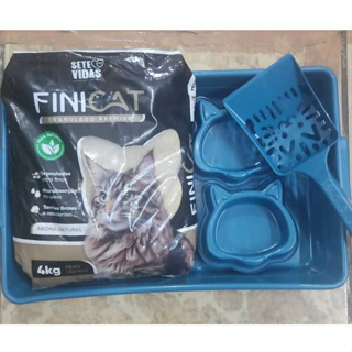 areia para gato Finicat 4kg + Caixa de Areia + 2 Comedouros + Pá em Oferta na Shopee