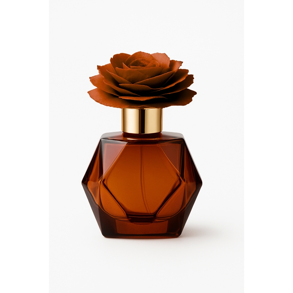 Frasco Difusor de Ambiente Vidro Âmbar Premium com Flor Decorativa e Tampa Dourada 200ML