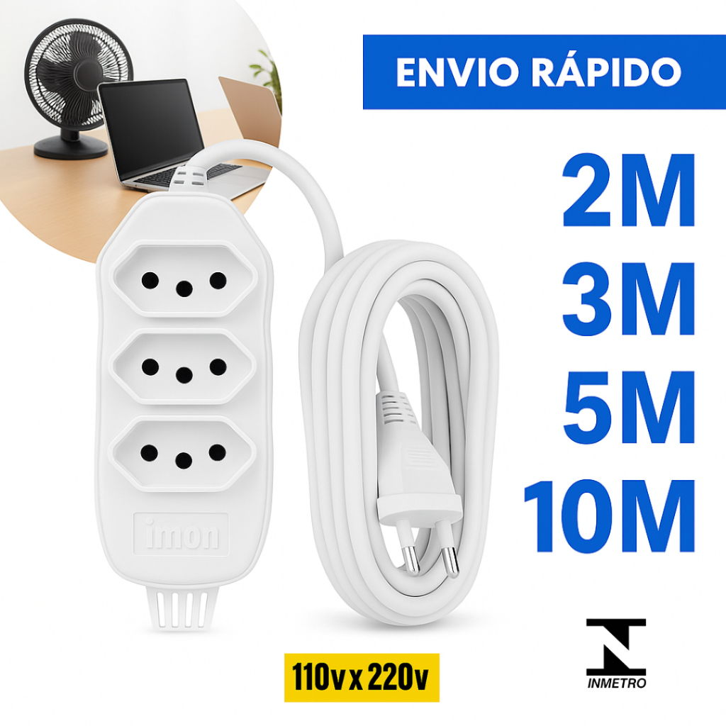 Extensão Elétrica Branca 10 Metros Bivolt Tomadas Tripolares Bivolt 110/220 RESISTENTE