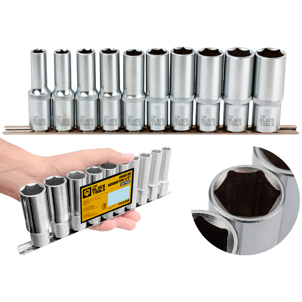 Jogo De Soquetes Longos Sextavado 1/2 Pol Aço Crv 10 A 22mm Tks100 The Black Tools em Oferta na Shopee