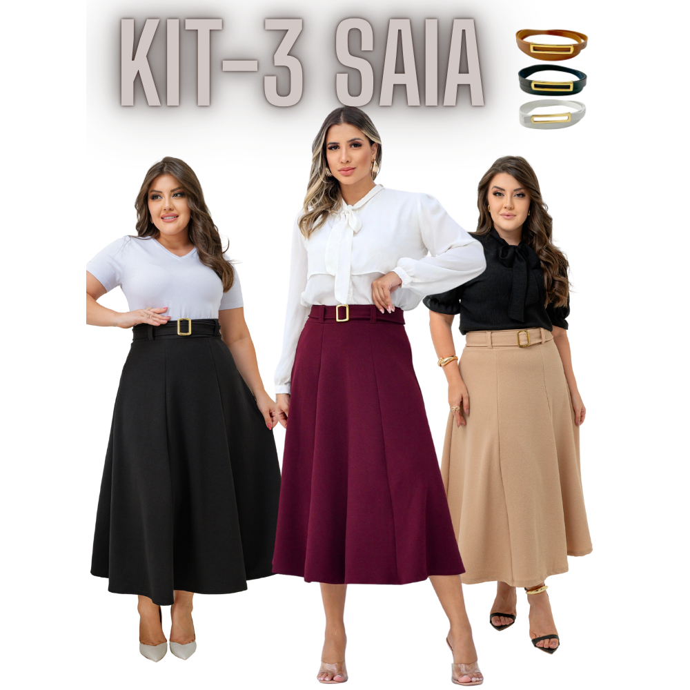 Kit 3 Saia Mídi Feminina Tendência Evangélica - Cores preto e beje em Oferta na Shopee
