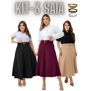 Kit 3 Saia Mídi Feminina Tendência Evangélica - Cores preto e beje em Oferta na Shopee