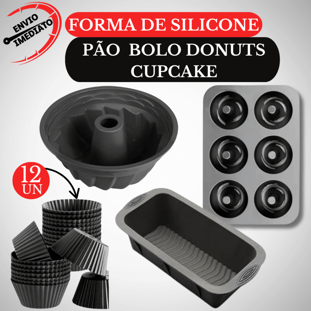 Kit Formas de Silicone para Bolos Tortas Pão Pudim Donuts Bolo Cupcake PRETA OU VERMELHA