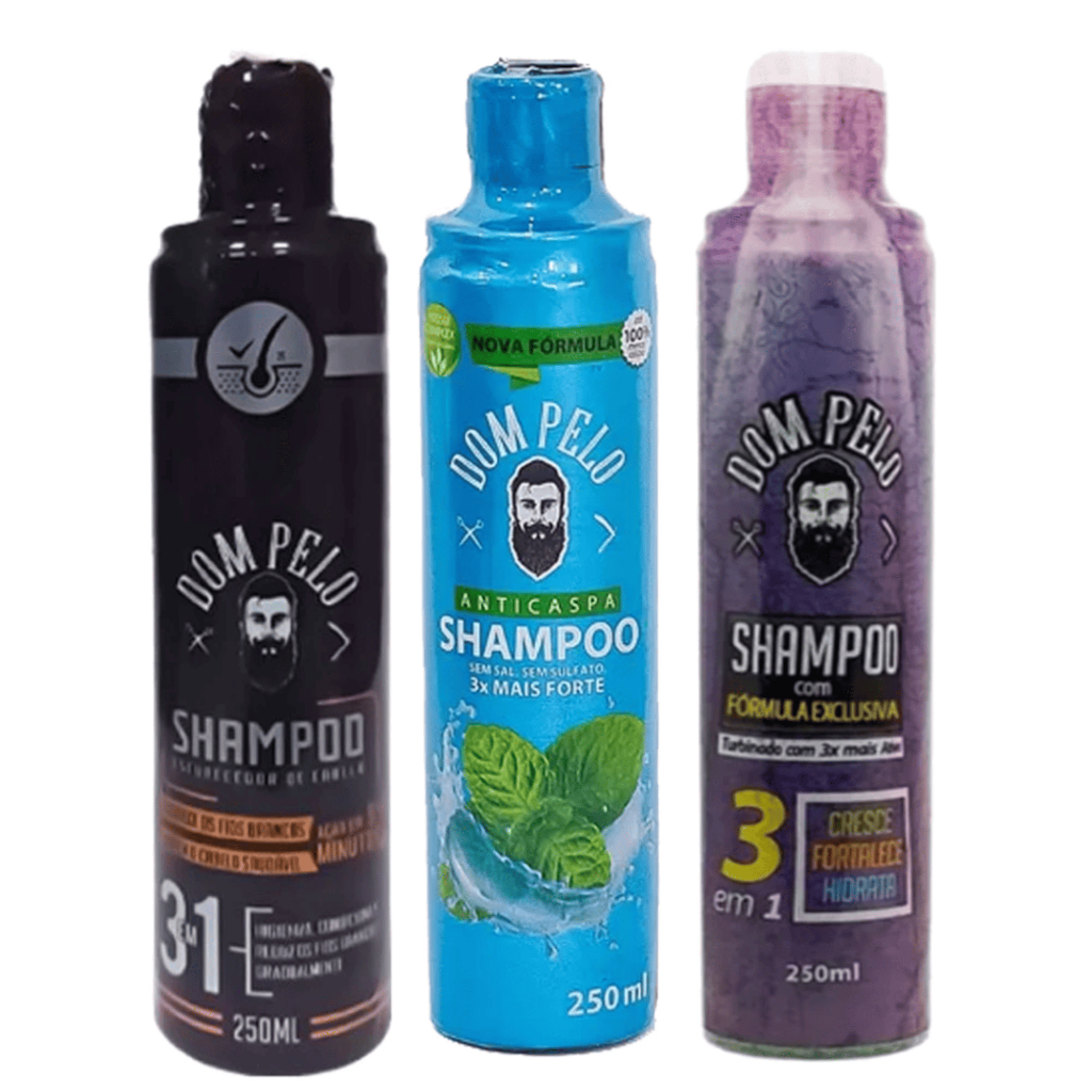Kit com 1x Shampoo Anticaspa + 1x Shampoo Escurecedor + 1x Shampoo Antiqueda Dom Pelo 250ml