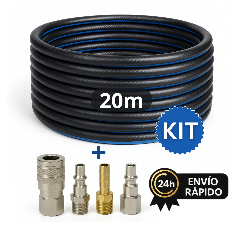 Kit Mangueira de Compressor 20 Metros Com Engate Rapido Conectores PT300 1/4 Ar Rolo Pneumática