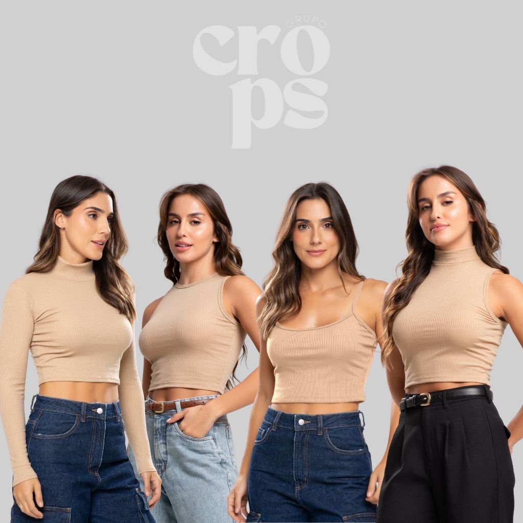 Conjunto 4 Croppeds Modelos Variados, Manga longa, Gola Alta, Alcinha e Regata Canelados