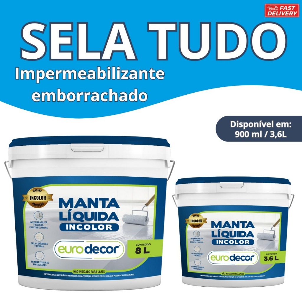 Impermeabilizante Incolor Manta Líquida 900ml e 3,6KG Sela Fissuras e Telhados