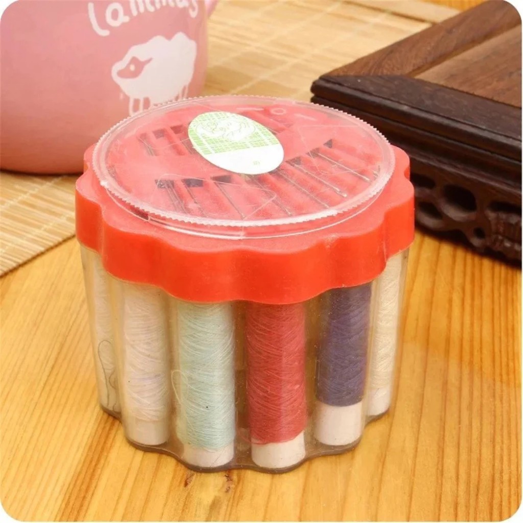 Kit de costura redondo [linhas, agulhas, tesoura, fita métrica, dedal