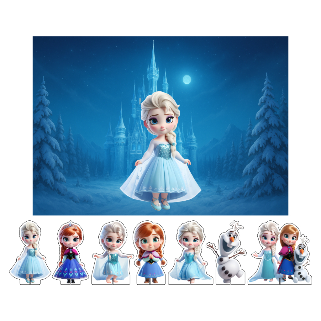 Kit Display De Mesa + Painel Festa Infantil Frozen Cute 3D DK