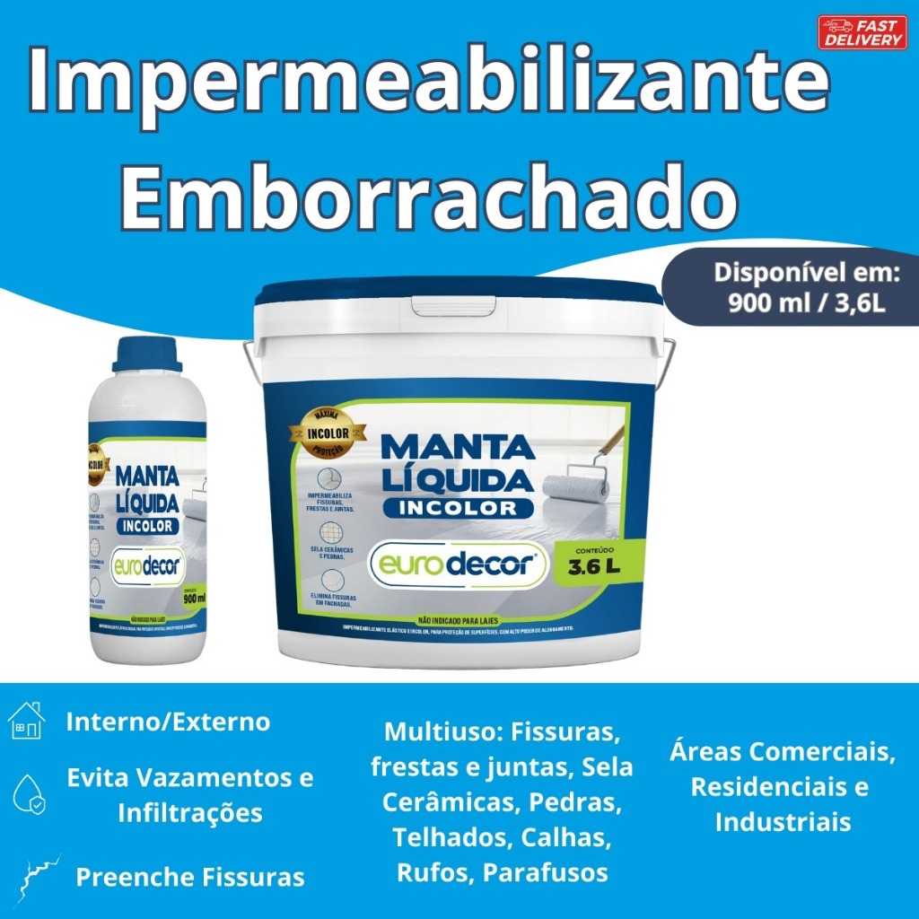 Impermeabilizante Incolor Manta Líquida 3.6kg Fissuras e Telhados 3.6kg ou 900ml