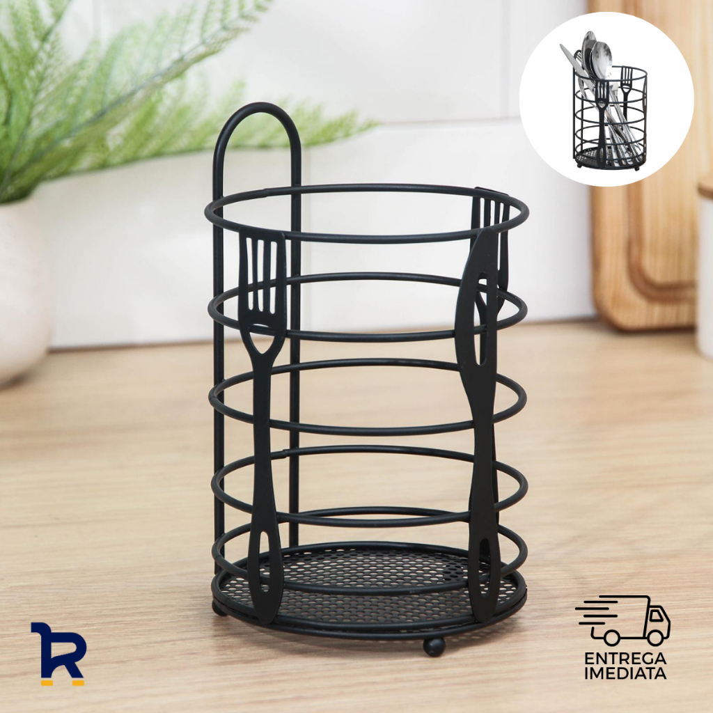 Porta Talheres Escorredor Aramado Aço Inox Reforçado Preto Redondo Pia Mesa Cozinha Garfo Faca