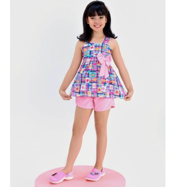 Conjunto Infantil Menina  laço rosa short e blusa tecido leve e confortável