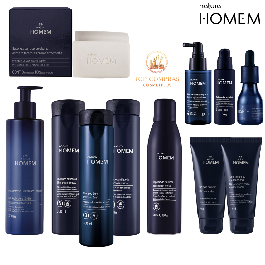 Linha Natura Homem - Sabonete em barra, Creme, Gel e Espuma Barbear e Balm pós Barba, Óleo de Barba, e mais