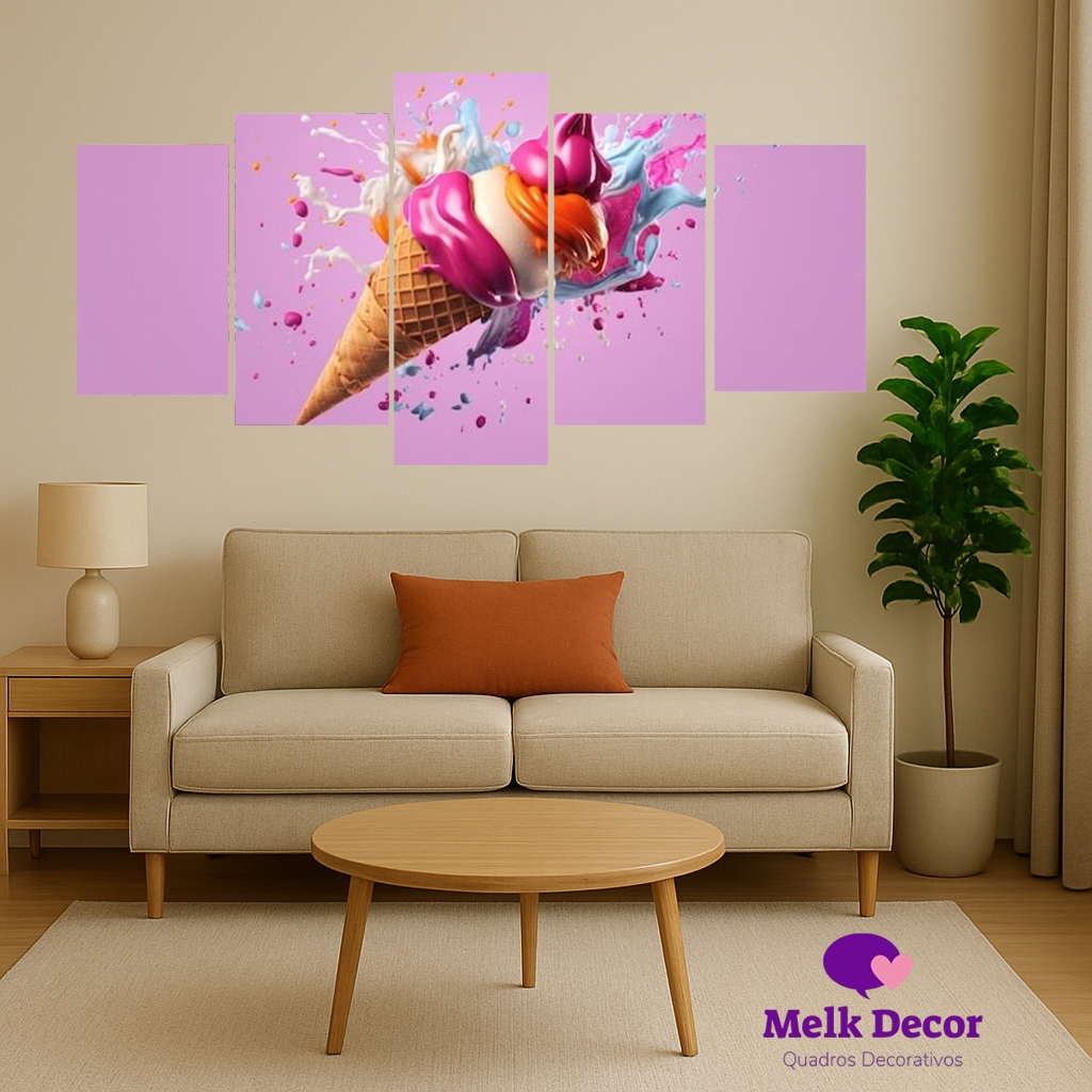 Quadro Decorativo 5 Peças Mosaico Sorveteira Doces e Cores
