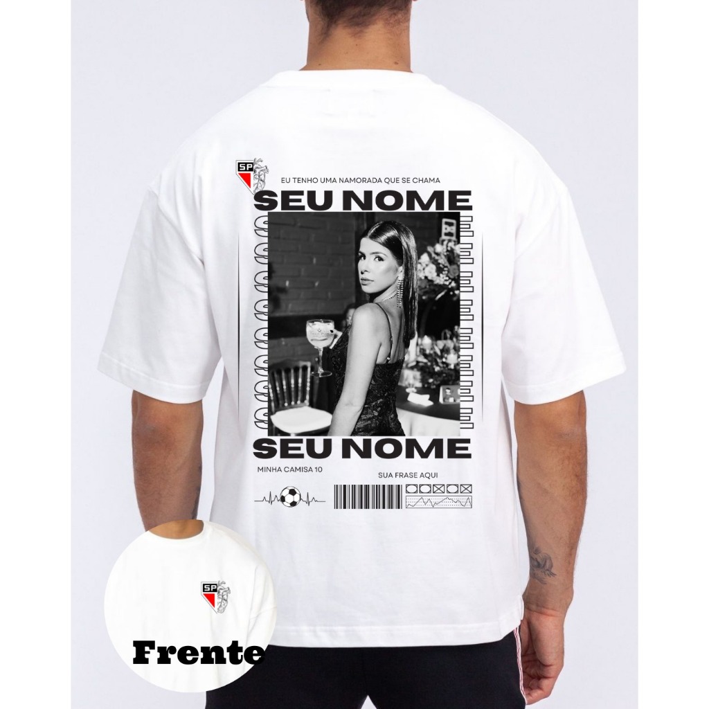T-Shirt Casal Personalizada Foto Nome Time Inicial Oversized Básica Unissex P ao GG