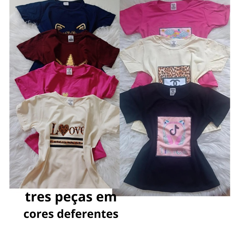 Kit Econômico 3 Blusas Infantis Femininas Sortidas - Cores e Estampas Variadas 4 ao 14
