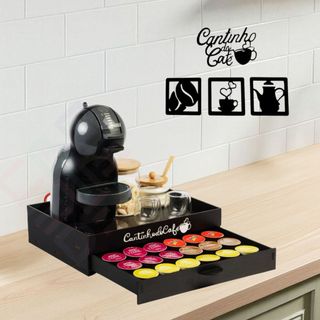Bandeja Cantinho do Cafe Preta Gaveta Porta 24 Capsulas Mdf Organizador Dolce Gusto Três …