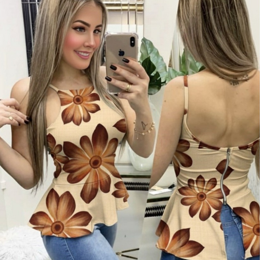 BLUSA PEPLUM ESTAMPA TROPICAL ALSA FINA COM BOJO SUCCESO DE VENDA
