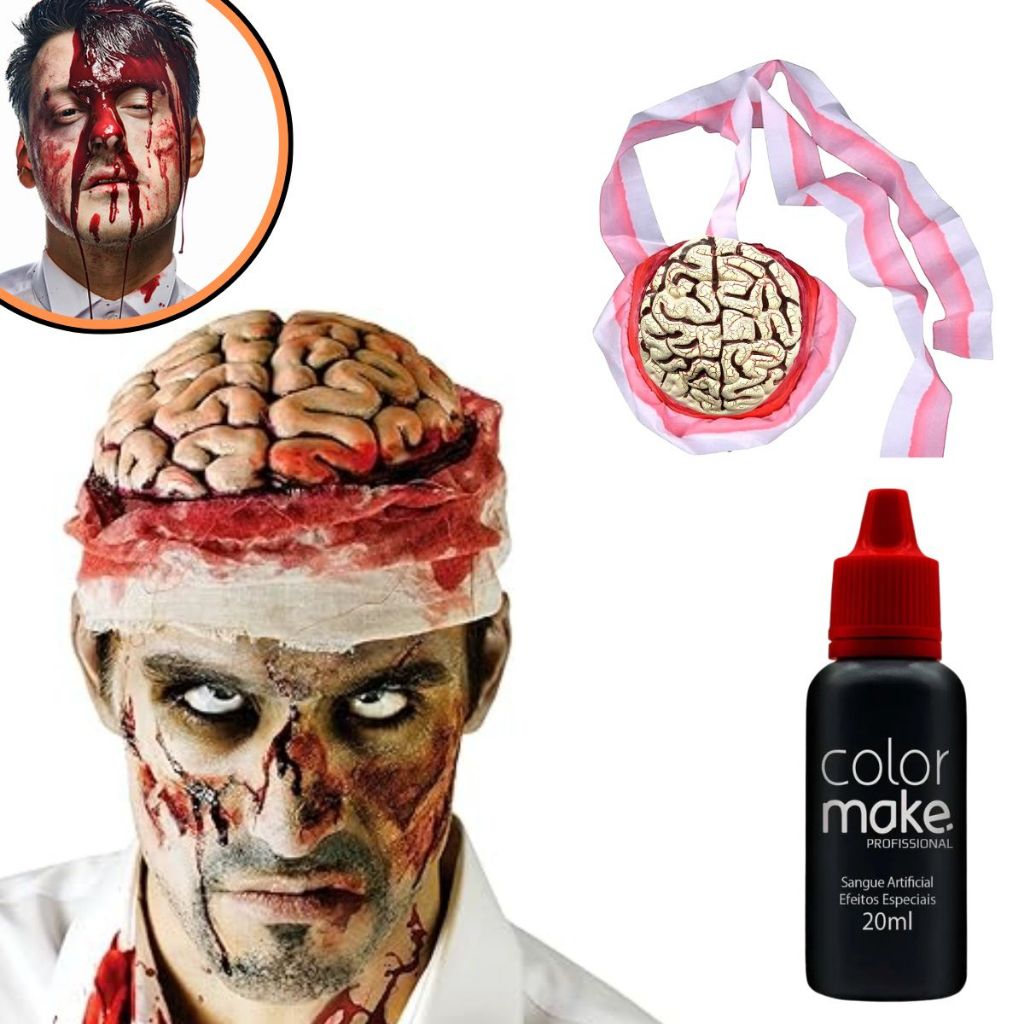 Chapéu Cérebro Fantasia Zumbi Falso Halloween Sangue Falso